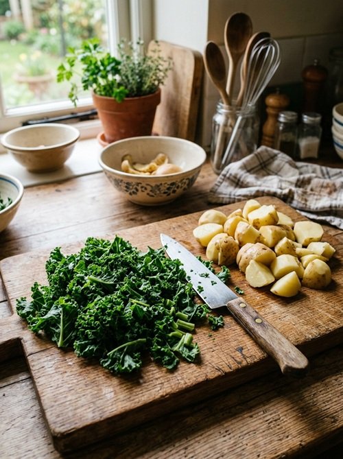 Verse ingrediënten voor stamppot, zoals boerenkool en aardappelen